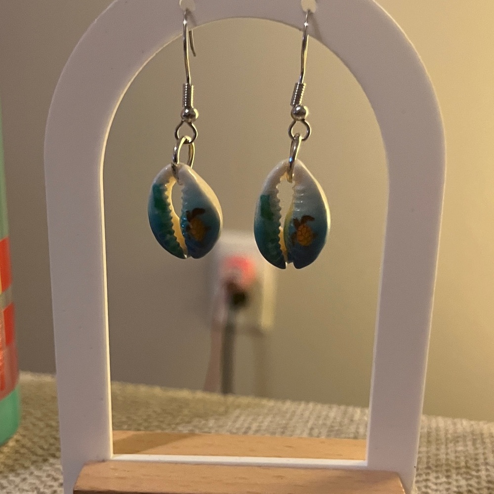 Blue and White Turtle Shell Drop Earrings - Beach-Inspired Jewelry
